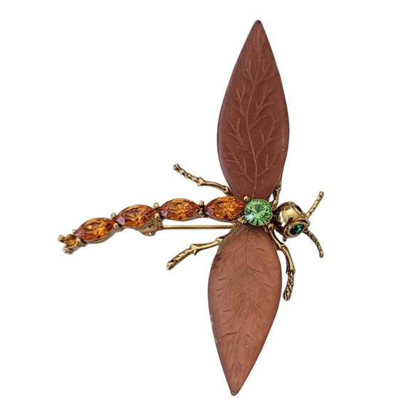 Gold Tone Orange Green Rhinestone Copper Tone Textured Wing Dragonfly Pin, E669 - Picture 2 of 9